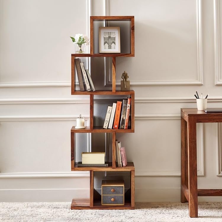 Rukmaajee Furniture Zikato Bookshelf in Natural Solid Wood Simpla Long