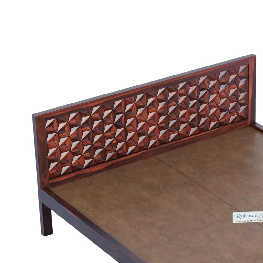 Rukmaajee Solid Sheesham Wood Queen Bed | Artistic 3D Headboard Design