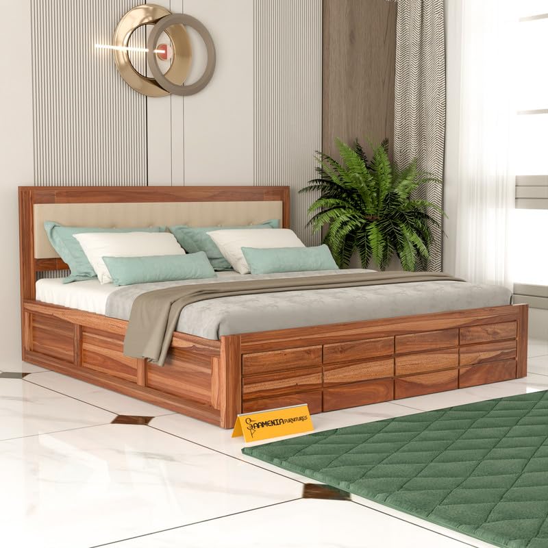 Rukmaajeee Solid Sheesham Wood Armania Queen Size Bed with Box Storage