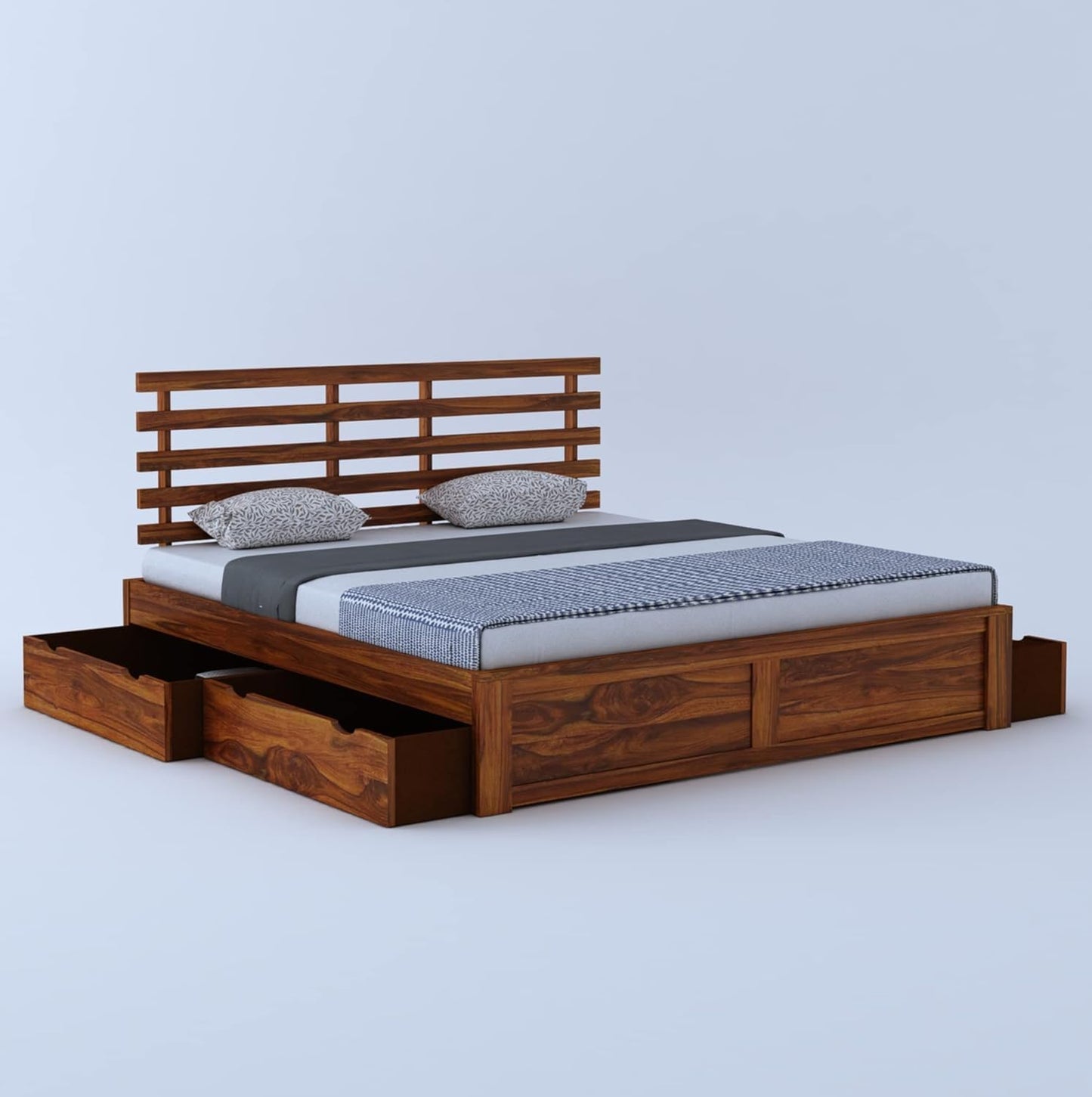 Rukmaajee Solid Sheesham Wood Queen Size Bed with 4 Drawers Storage