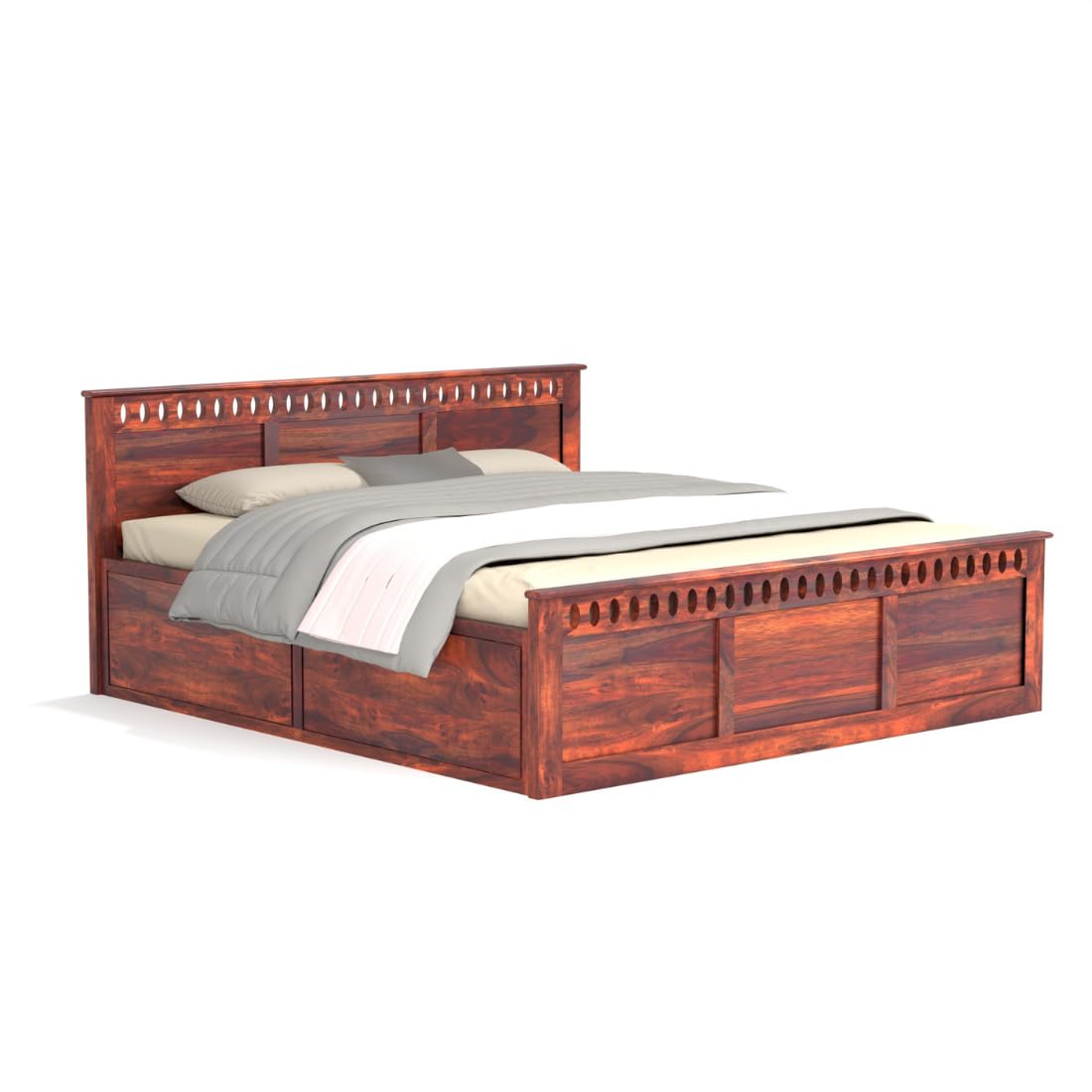 Rukmaajee Queen Size Bed, Sheesham Wood, Tan Finish