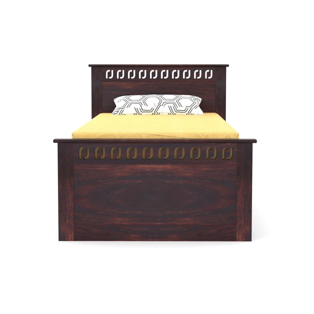 Single Bed with Walnut Finish, J-Pattern Headboard and Footboard, 96.5