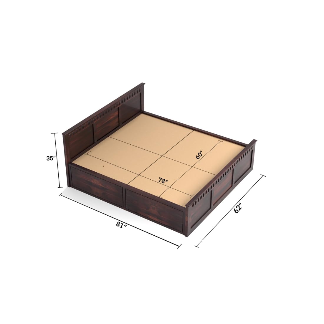 Rukmaajee Queen Size Bed, Solid Sheesham Wood, Walnut Premium Finish