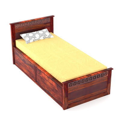 Single Bed with Walnut Finish, J-Pattern Headboard and Footboard, 96.5