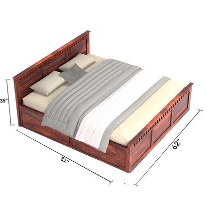 Rukmaajee Queen Size Bed, Sheesham Wood, Tan Finish, Square Pattern