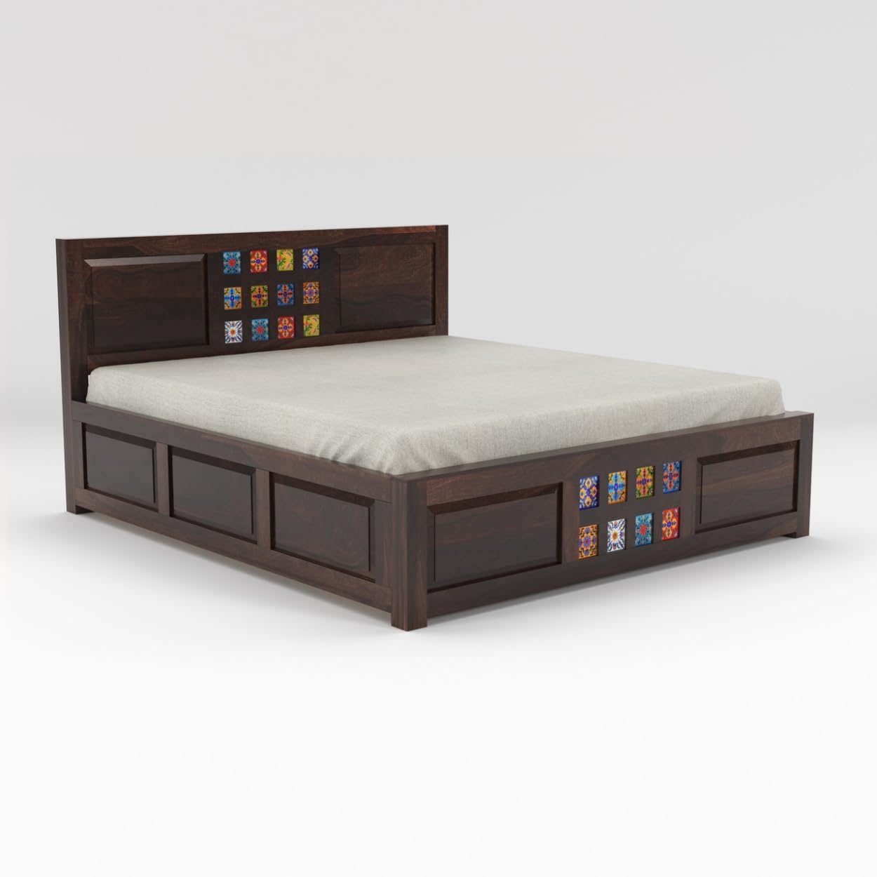 Rukmaajee Taurus Solid Sheesham Wood Queen Size Bed with Storage Box