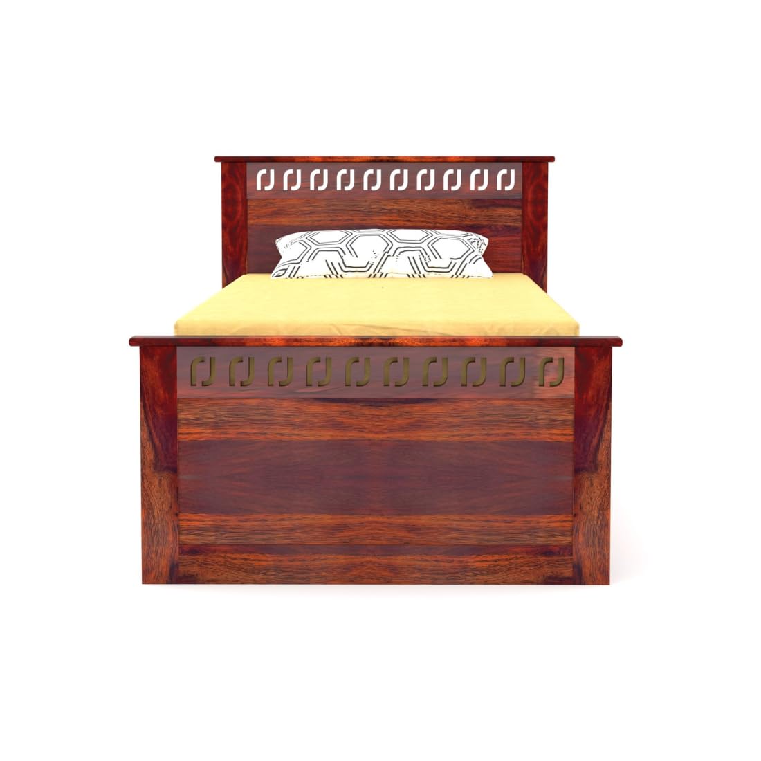 Single Bed with Walnut Finish, J-Pattern Headboard and Footboard, 96.5