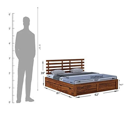 Rukmaajee Solid Sheesham Wood Queen Size Bed with 4 Drawers Storage