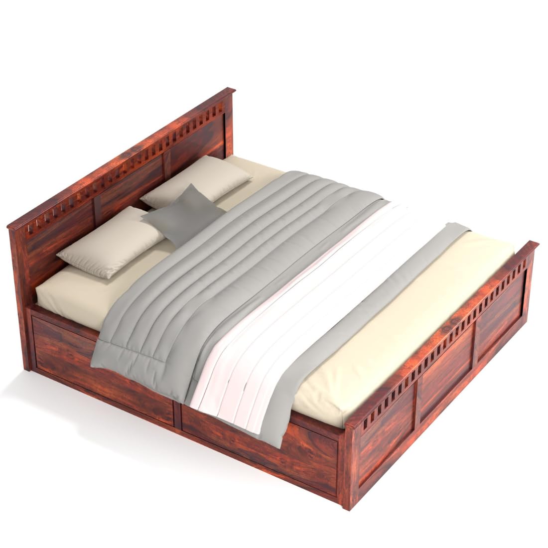 Rukmaajee Queen Size Bed, Sheesham Wood, Tan Finish, Square Pattern