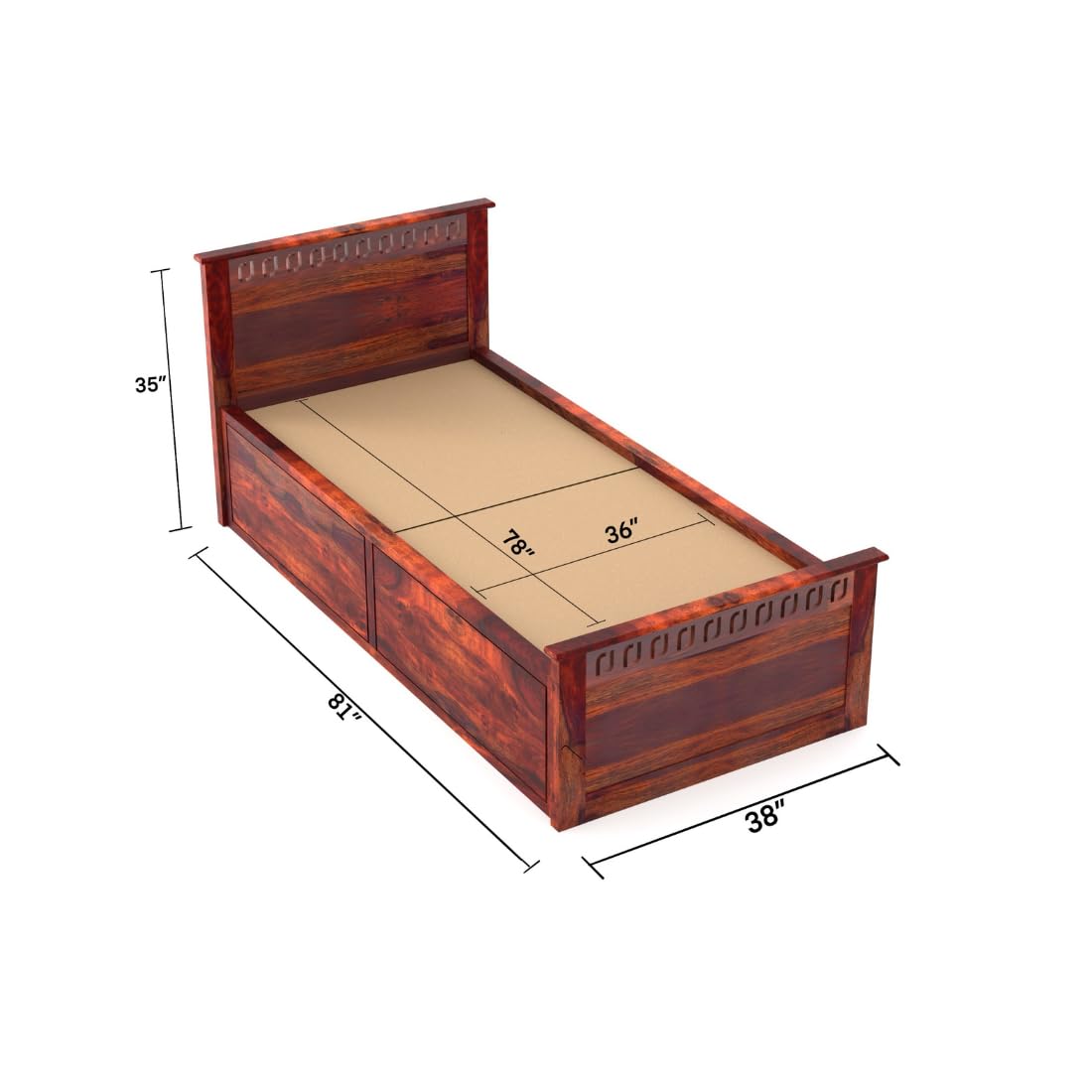 Single Bed with Walnut Finish, J-Pattern Headboard and Footboard, 96.5