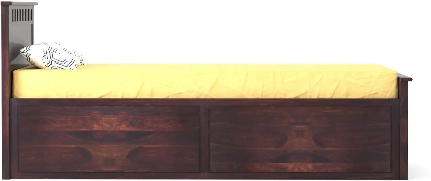 Rukmaajee Single Solid Sheesham Wood Bed with Walnut Premium Finish,