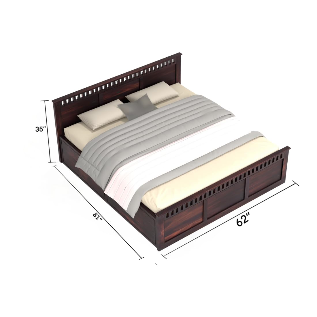Rukmaajee Solid Queen Size Bed, Solid Sheesham Wood, Walnut Premium