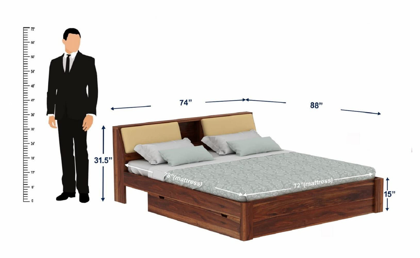 Rukmaajeee Furniture Sheesham Wood King Size Bed with 2 Drawer Storage