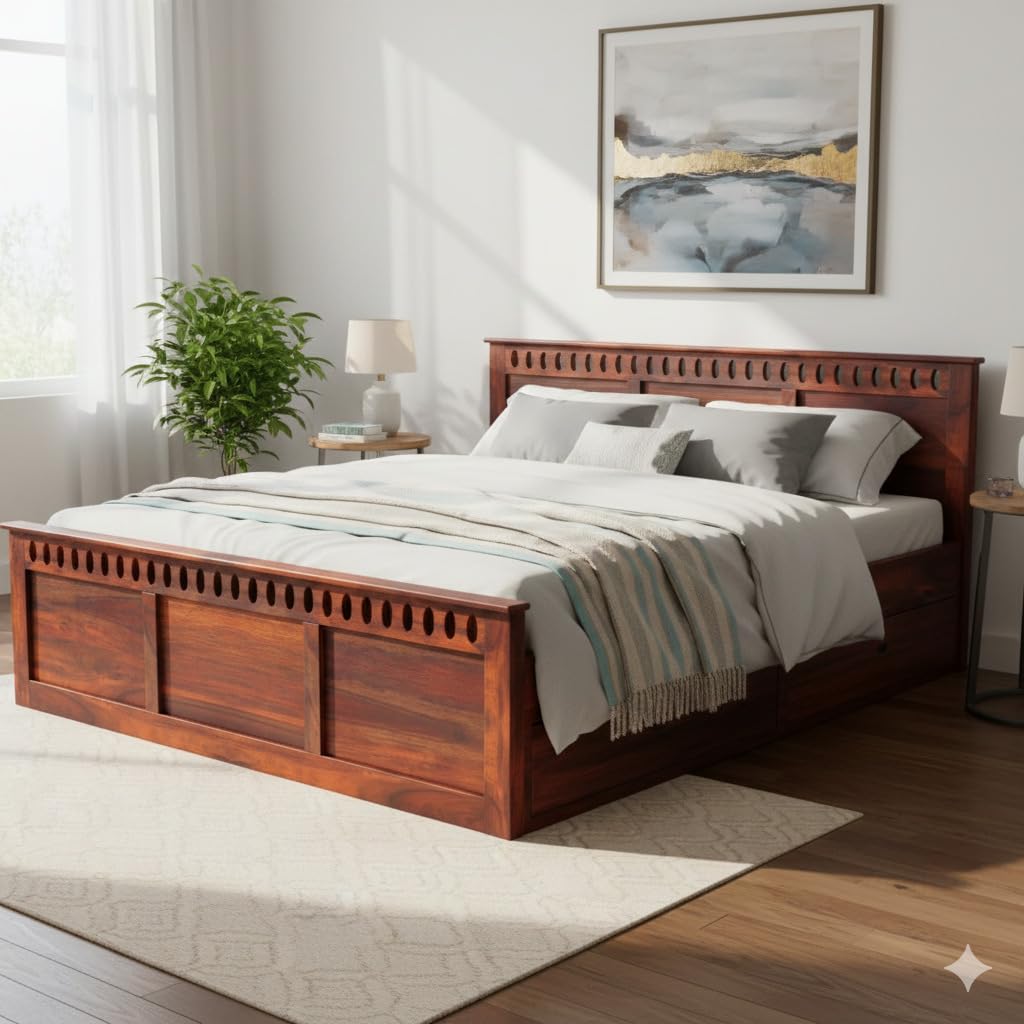 Rukmaajee King Size Bed with Solid Sheesham Wood Frame, Walnut Brown