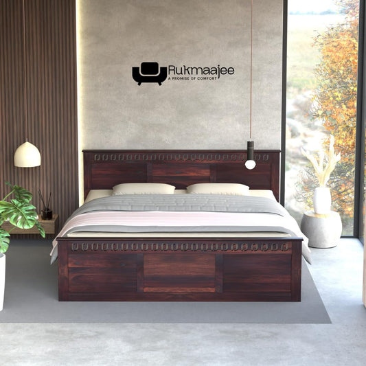 Rukmaajee King Size Bed with Solid Sheesham Wood Frame, Walnut Brown