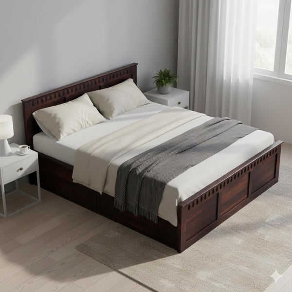 Rukmaajee King Size Bed with Solid Sheesham Wood Frame, Walnut Brown