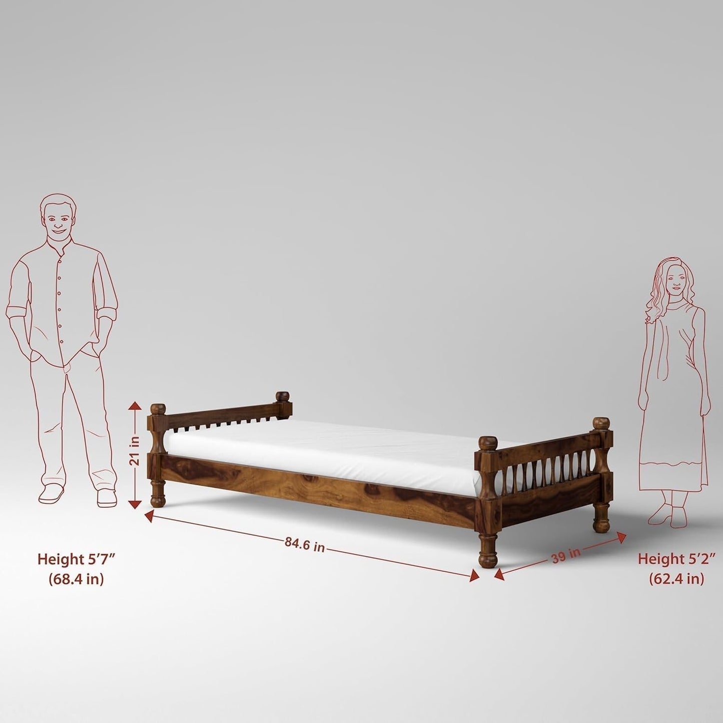 Rukmaajeee Sheesham Wood Fieri Single Bed Without Storage | Solid Wood