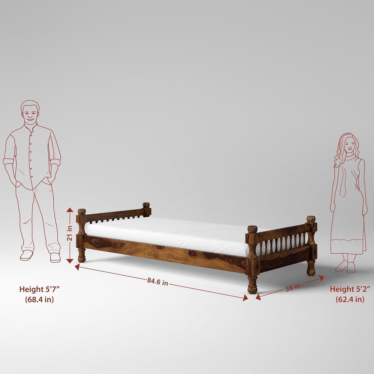 Rukmaajeee Sheesham Wood Fieri Single Bed Without Storage | Solid Wood