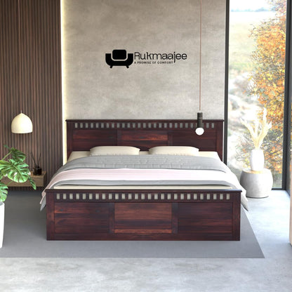 Rukmaajee King Size Bed with Sheesham Wood Frame, Walnut Brown Finish,
