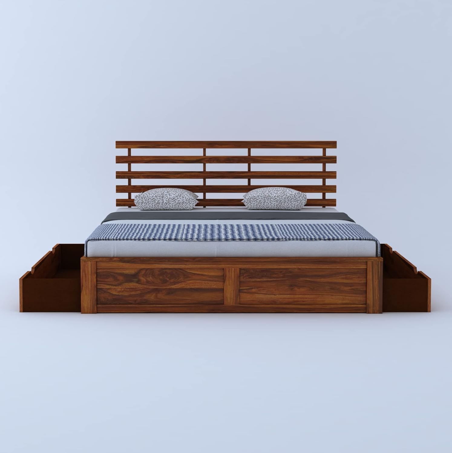 Rukmaajee Sheesham Wood Queen Size Bed with 2 Drawers Storage for