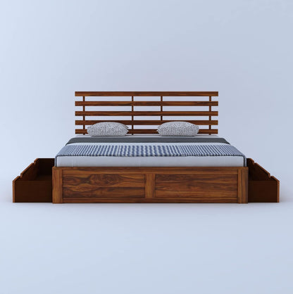 Rukmaajee Sheesham Wood Queen Size Bed with 2 Drawers Storage for
