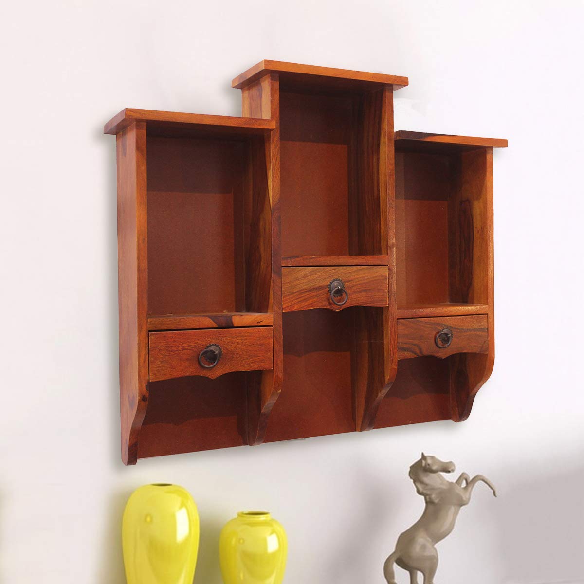 Rukmaajee Furniture Diamond Three Drawer Wall Self in Natural Solid