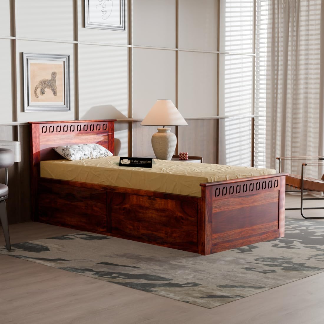 Single Bed with Walnut Finish, J-Pattern Headboard and Footboard, 96.5