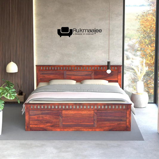 Rukmaajee Queen Size Bed, Sheesham Wood, Tan Finish, Square Pattern
