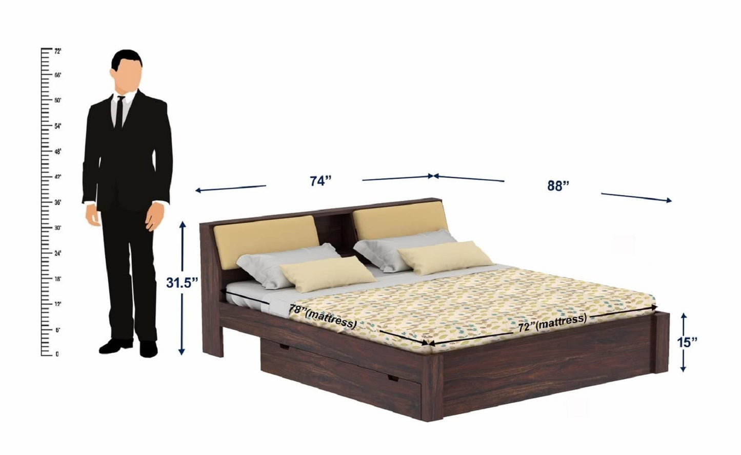 Rukmaajeee Furniture Sheesham Wood King Size Bed with 2 Drawer Storage