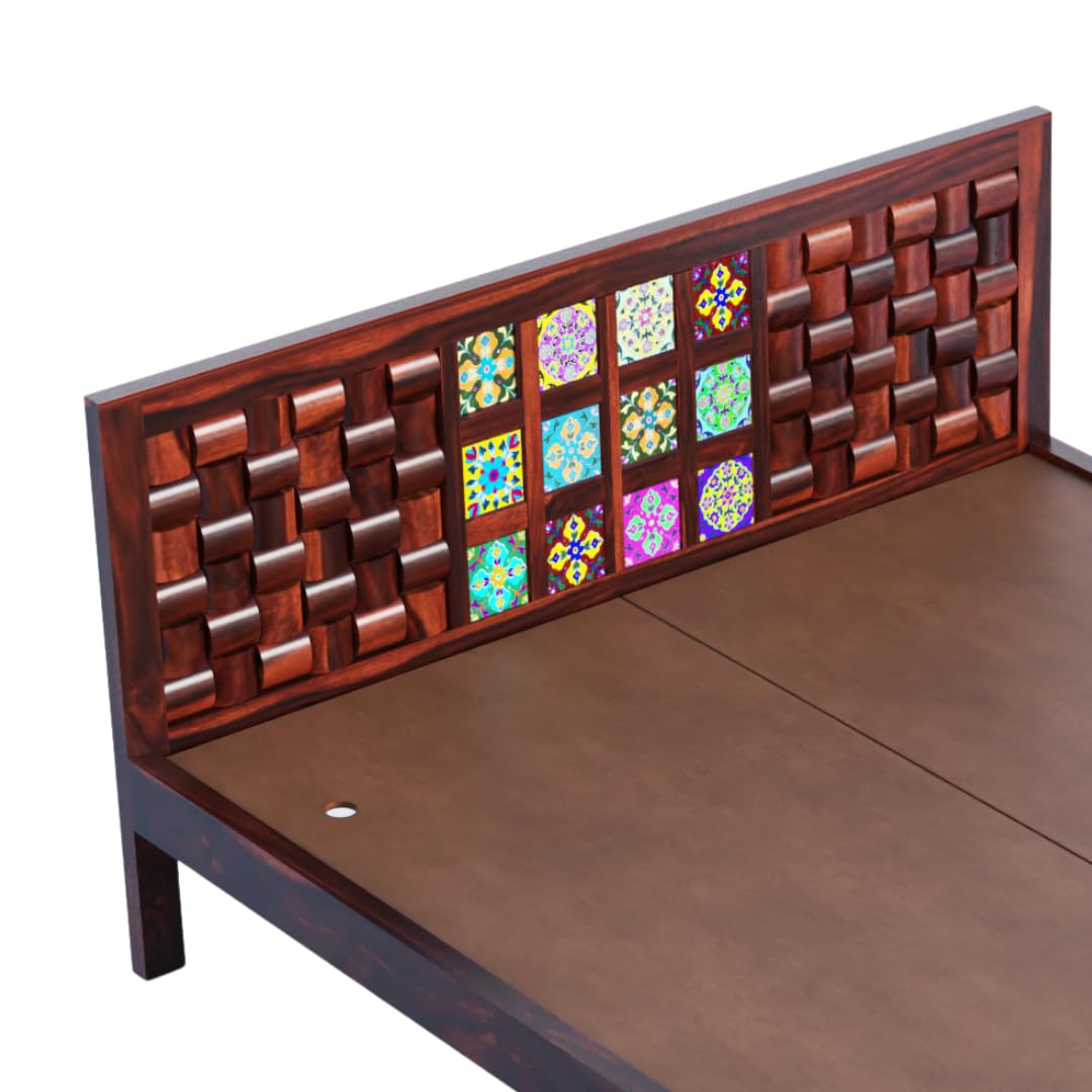 Rukmaajee Queen Size Bed in Solid Sheesham Wood | Artistic Niwar Tile