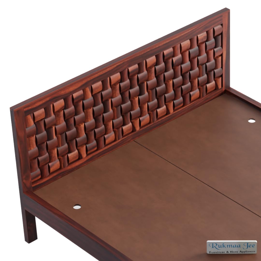 Rukmaajee Queen Size Bed in Solid Sheesham Wood | Art Honey Finish
