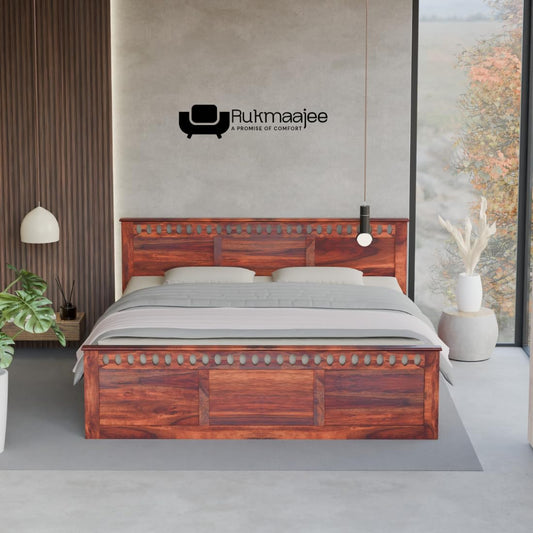 Rukmaajee Queen Size Bed, Sheesham Wood, Tan Finish