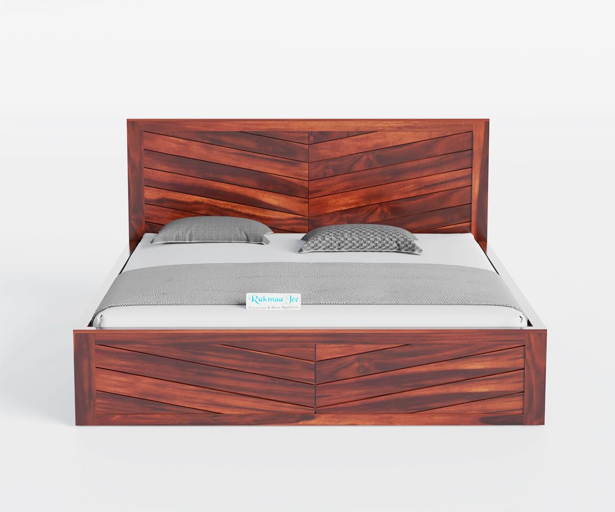 Rukmaajee Solid Sheesham Wood Queen Size Bed | V-Groove Art Design