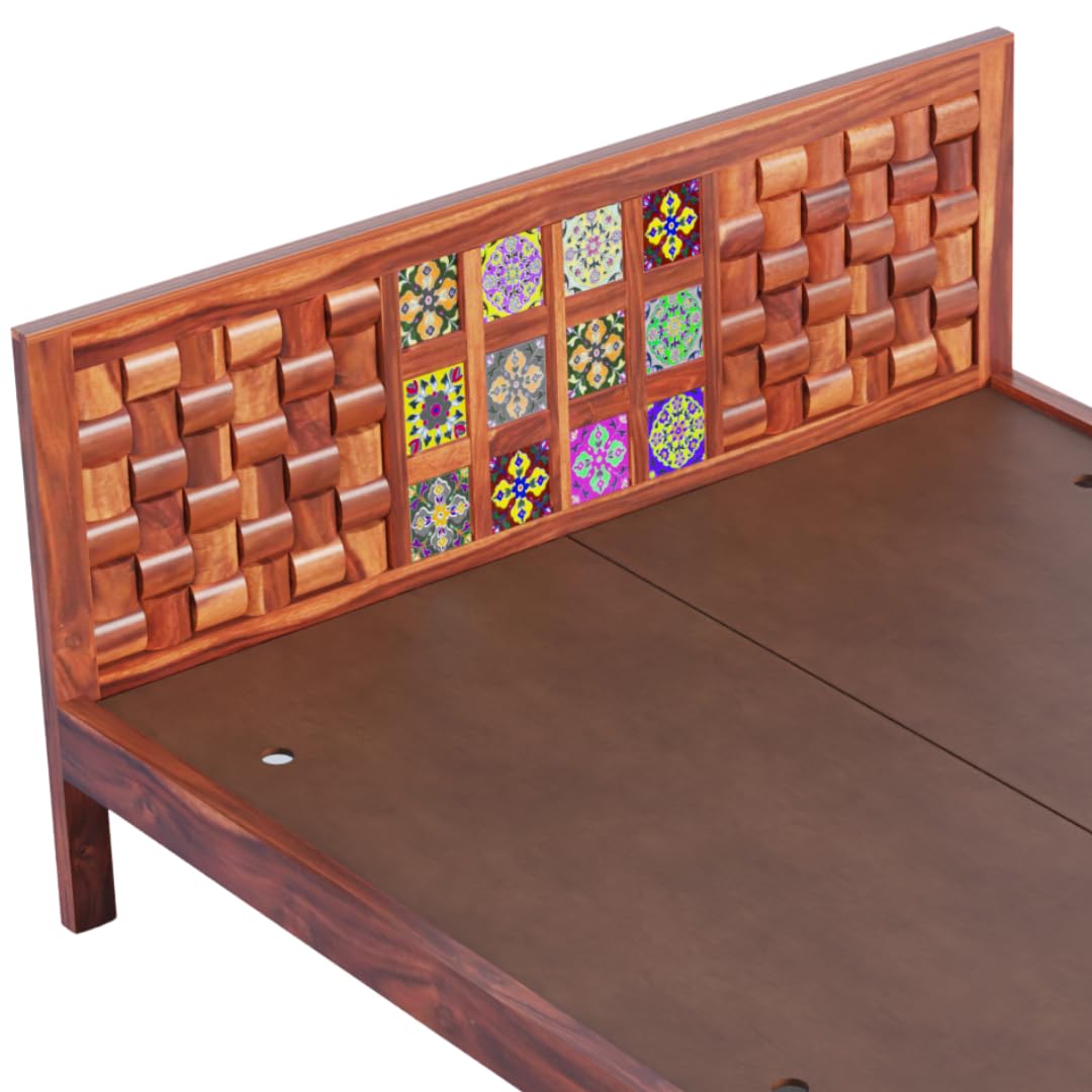 Rukmaajee Solid Sheesham Wood King Size Bed | Niwar Tile Headboard