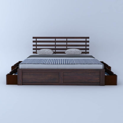 Rukmaajee Solid Sheesham Wood Queen Size Strap Bed with 4 Drawers