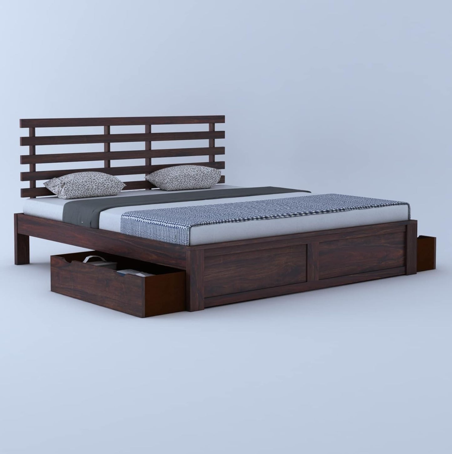Rukmaajee Solid Sheesham Wood Queen Size Bed with 2 Drawers Storage