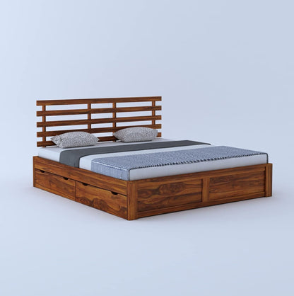 Rukmaajee Solid Sheesham Wood Queen Size Bed with 4 Drawers Storage