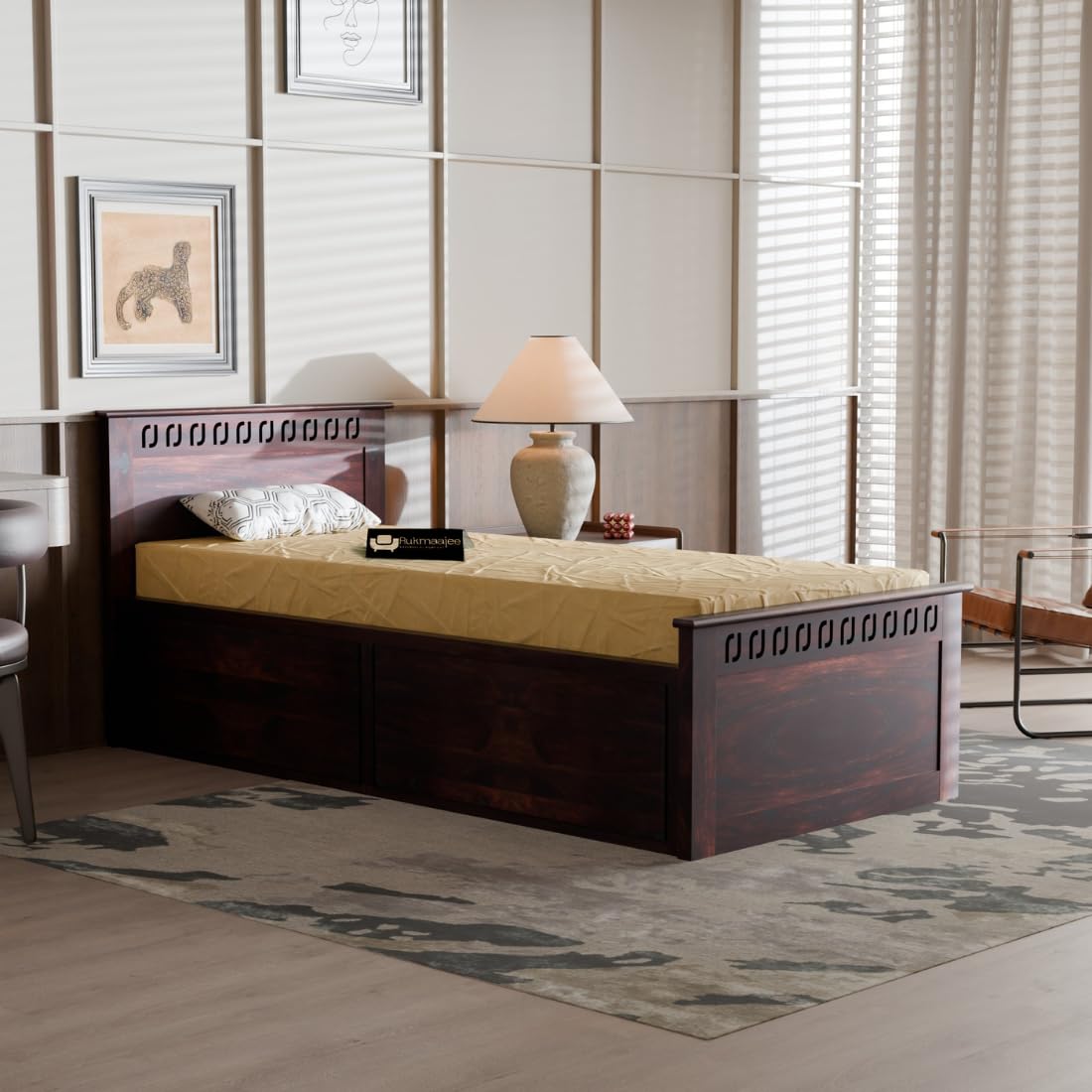 Single Bed with Walnut Finish, J-Pattern Headboard and Footboard, 96.5