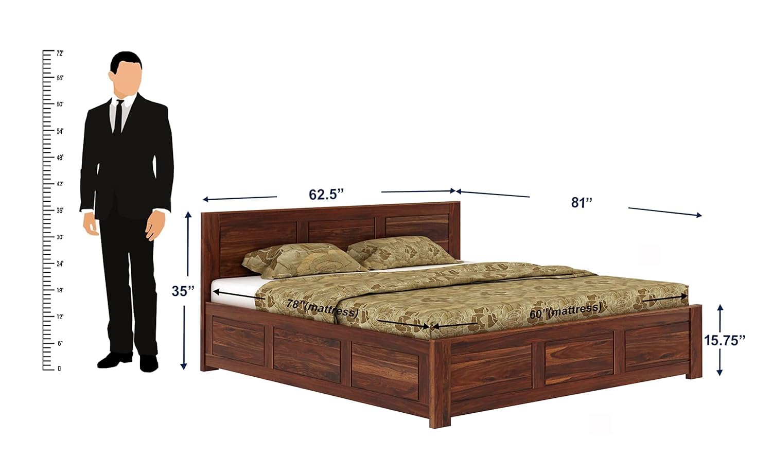 Rukmaajee Solid Wood Queen Size Bed for Bedroom | Wooden Furniture