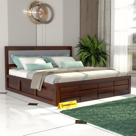 Rukmaajeee Solid Sheesham Wood Armania Queen Size Bed with Box Storage