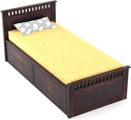 Rukmaajee Single Solid Sheesham Wood Bed with Walnut Premium Finish,