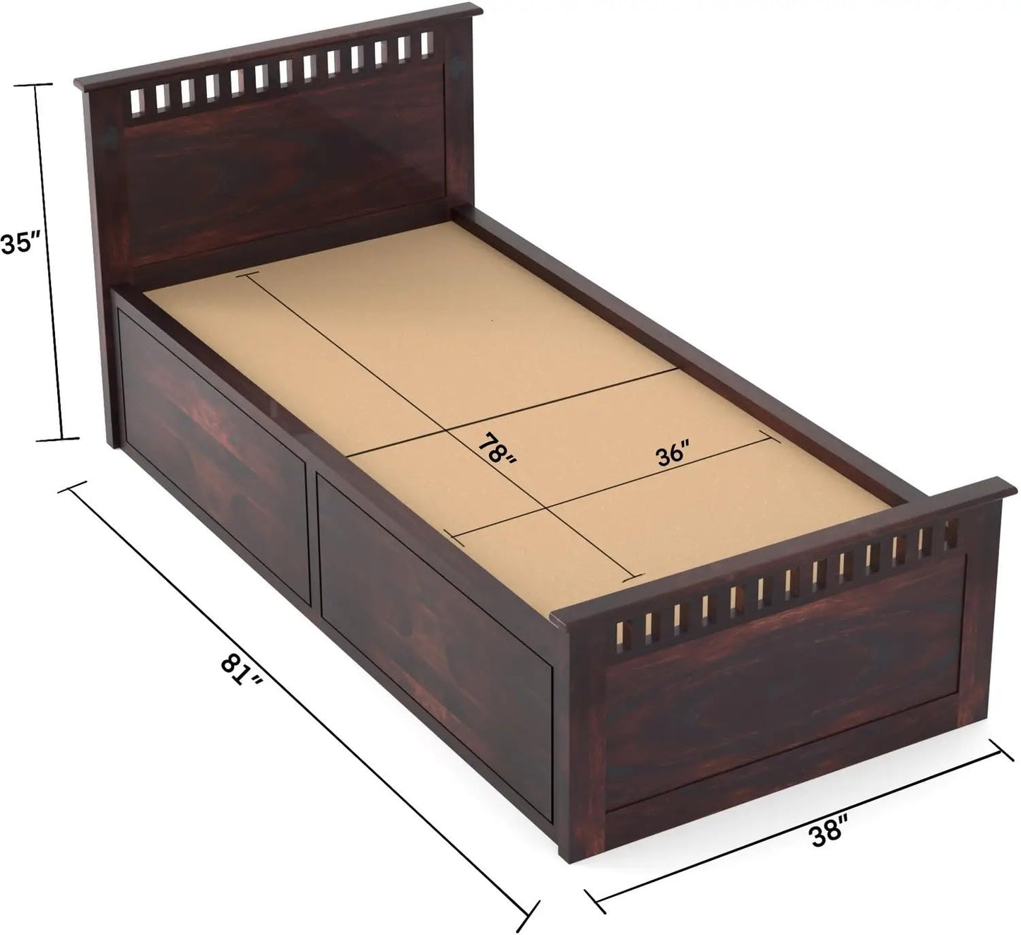 Rukmaajee Single Solid Sheesham Wood Bed with Walnut Premium Finish,