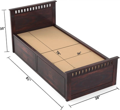 Rukmaajee Single Solid Sheesham Wood Bed with Walnut Premium Finish,