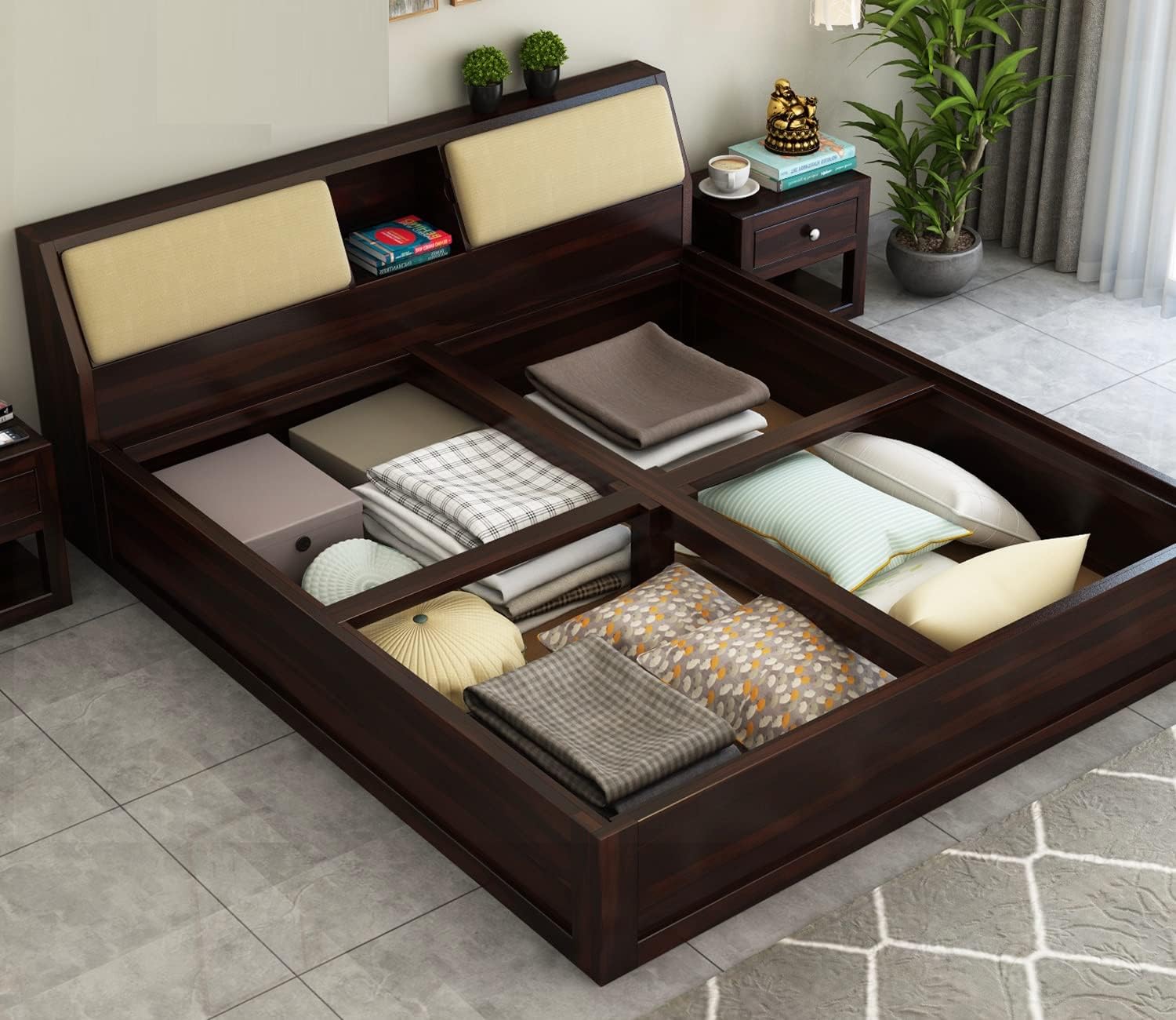 Rukmaajee Sheesham Wood King Size Bed with Box Storage Wooden Double