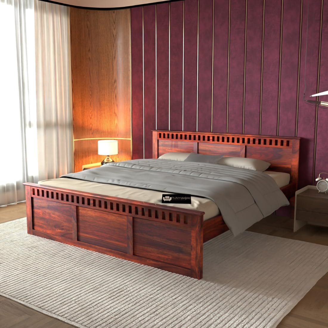 Rukmaajee Solid Sheesham Wood Queen Size Bed, Walnut Premium Finish,