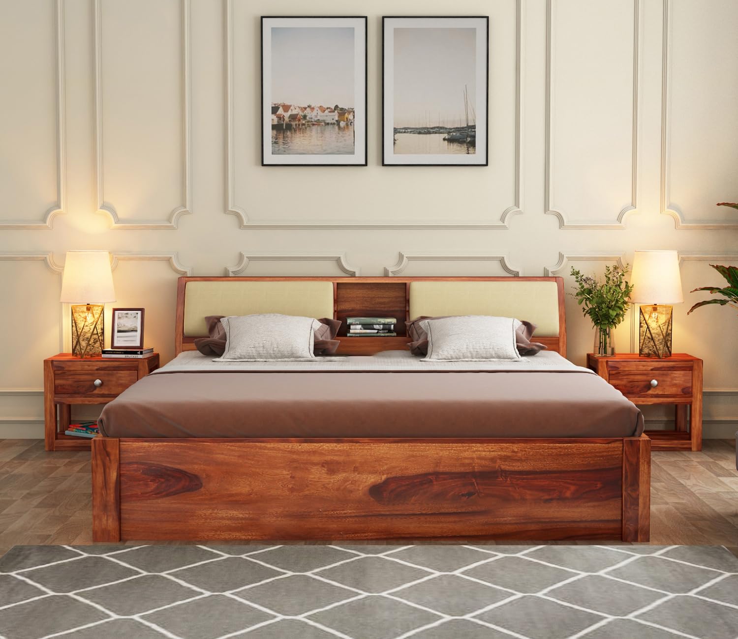 Rukmaajeee Solid Sheesham Wood Bedroom Furniture Niwar Design Double