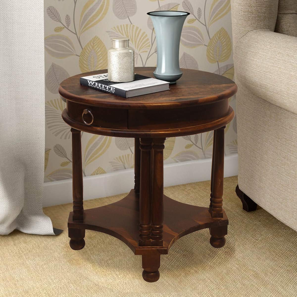 Rukmaajee Furniture Round Telephonic Table in Natural Solid Wood with