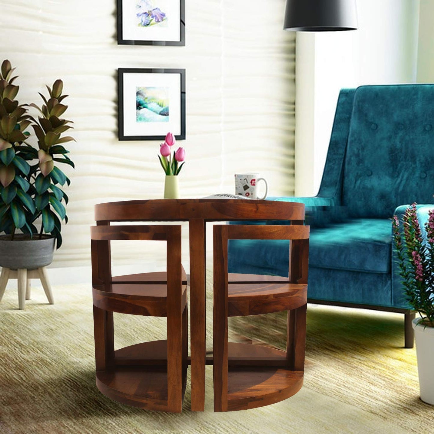 Rukmaajee Furniture Round Top 4 Stool Coffee Cum Dininng Table in