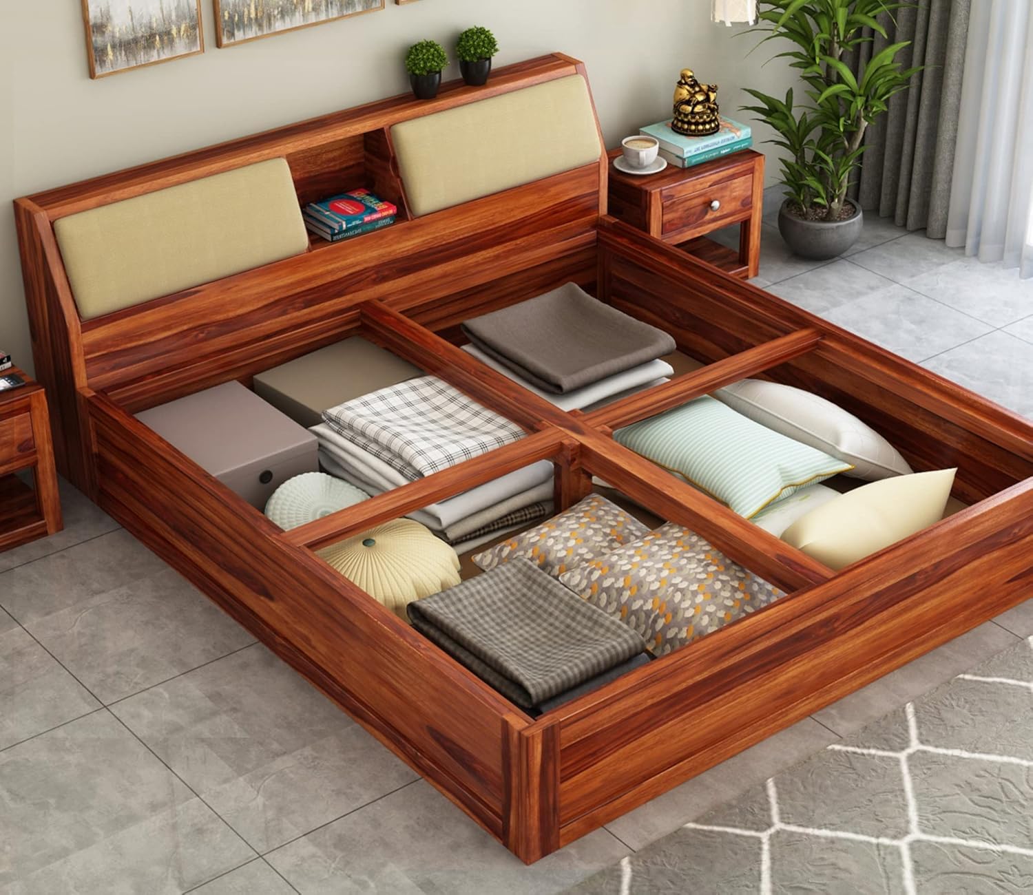 Rukmaajee Sheesham Wood King Size Bed with Box Storage Wooden Double
