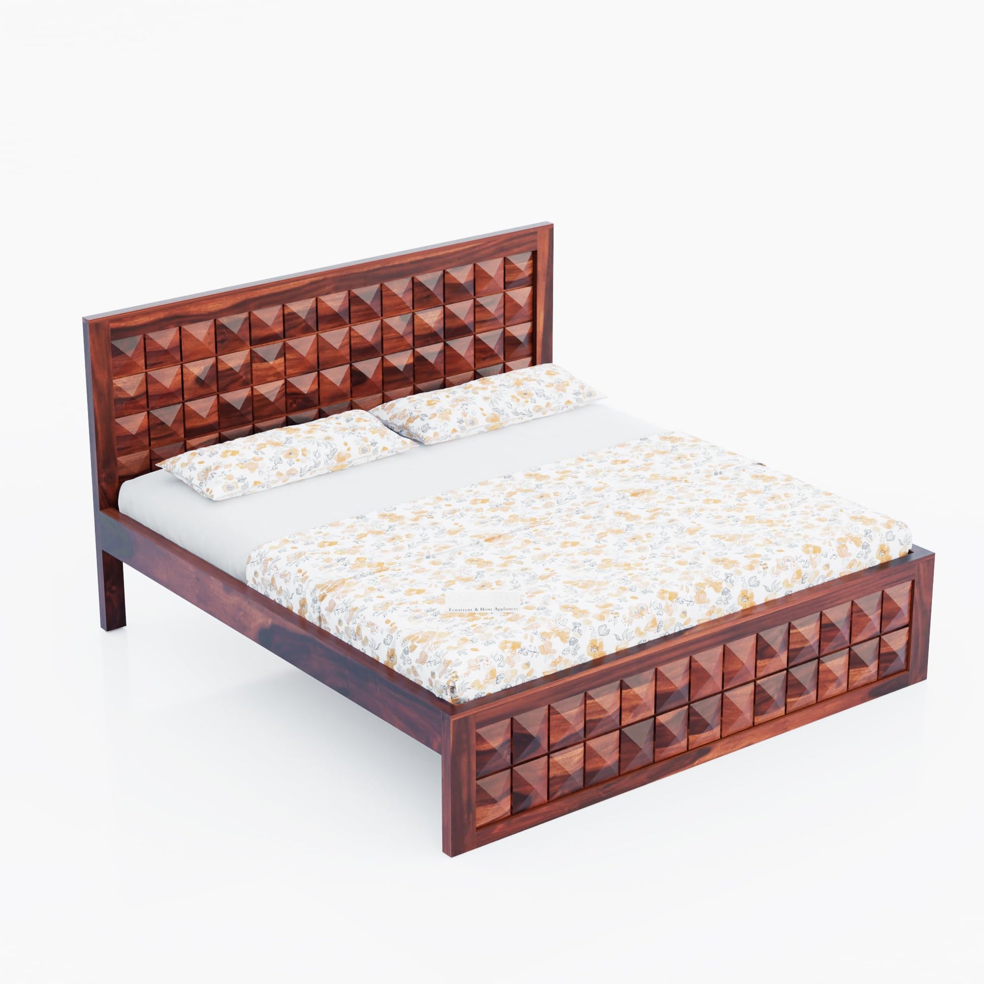 Rukmaajee Solid Sheesham Wood King Size Bed | Diamond Design Headboard
